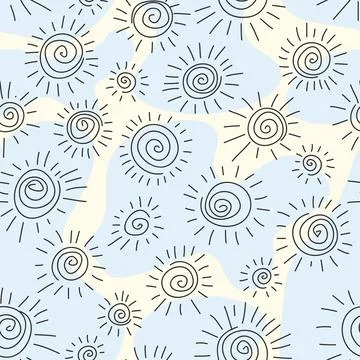 Hand drawn seamless pattern. Simple pattern with sun. Handdrawn spiral sunshine Stock Illustration