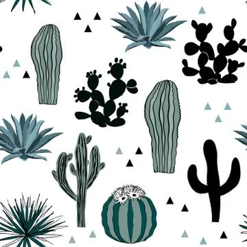 Hand drawn seamless pattern with sketch saguaro, blue agave, and prickly pear Stock Illustration