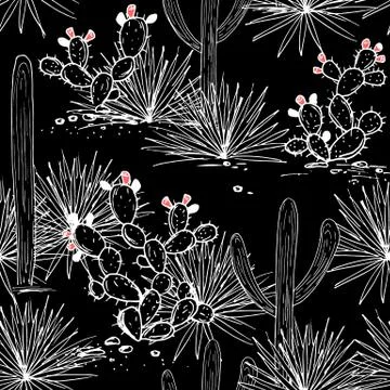 Hand drawn seamless pattern with sketch saguaro, blue agave, and prickly pear Stock Illustration