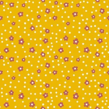 Hand drawn seamless pattern with small ditsy red flowers on yellow background Stock Illustration