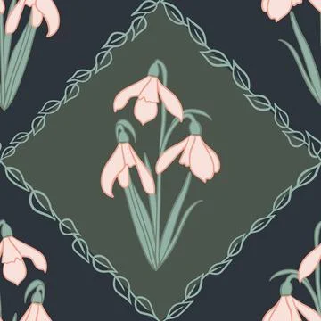 Hand drawn seamless pattern with snowdrop galanthus flower in damask in sage Illustrazione stock