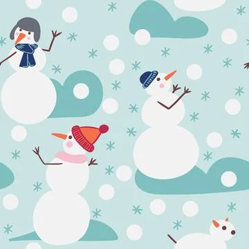 Hand drawn seamless pattern with snowmen playing snowballs in winter snow on Stock Illustration