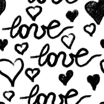 Hand drawn seamless pattern St valentines day black white hearts. Love romantic Stock Illustration