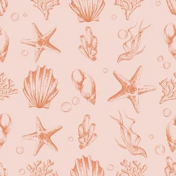 Hand drawn seamless pattern of starfish, seashell, coral, sponge, and seaweed 스톡 일러스트