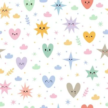 Hand drawn seamless pattern with stars, hearts and clouds. Creative trendy .. イラスト素材
