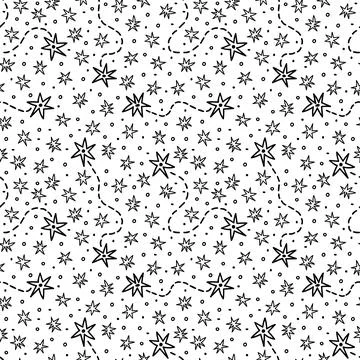 Hand drawn seamless pattern with stars and sparkles. Space. Constellations... Stock Illustration