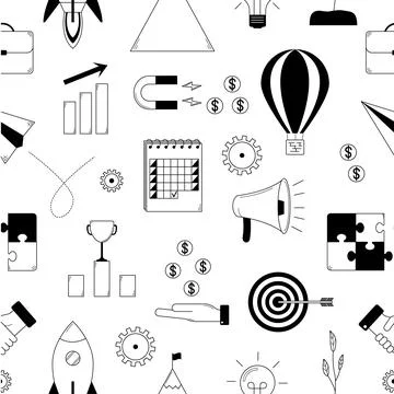 Hand drawn seamless pattern with startup elements. Development of an innovative Illustrazione stock
