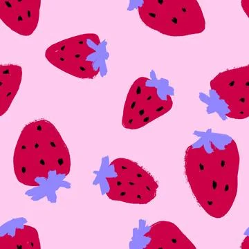 Hand drawn seamless pattern strawberries strawberry. Trendy red pink 80s 90s Stock Illustration
