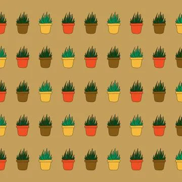 Hand drawn seamless pattern from succulent in flower pots. beautiful vector i Stock Illustration