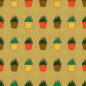 Hand drawn seamless pattern from succulent in flower pots. beautiful vector i Stock Illustration