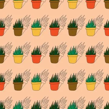 Hand drawn seamless pattern from succulent in flower pots. beautiful vector i Stock Illustration