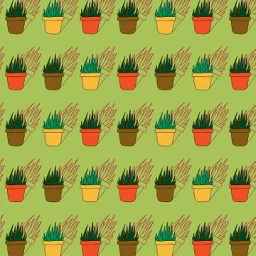 Hand drawn seamless pattern from succulent in flower pots. beautiful vector i Stock Illustration
