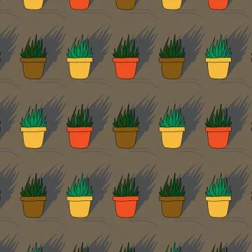 Hand drawn seamless pattern from succulent in flower pots. beautiful vector i Stock Illustration