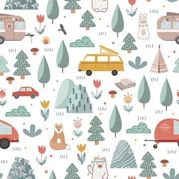 Hand drawn seamless pattern with summer camping equipment. Trailers, mountains Stock Illustration