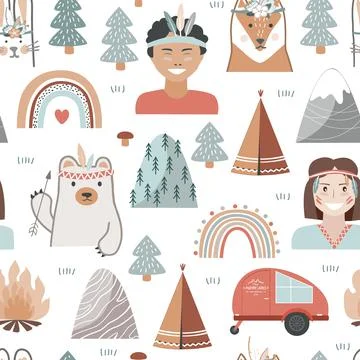 Hand drawn seamless pattern with summer camping equipment and kids dressed in Stock Illustration
