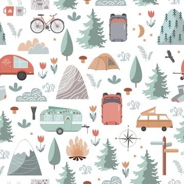Hand drawn seamless pattern with summer camping equipment. Trailers, mountains Stock Illustration
