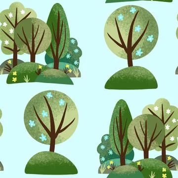 Hand drawn seamless pattern of summer spring forest wood trees with flowers Stock Illustration