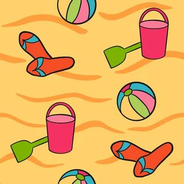 Hand drawn seamless pattern with summer beach toys on yellow sand. Red flip Stock Illustration