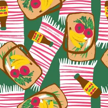 Hand drawn seamless pattern with summer picnic food basket tomato banana Stock Illustration