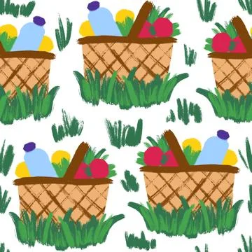 Hand drawn seamless pattern with summer picnic food basket tomato banana Stock Illustration