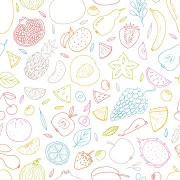 Hand drawn seamless pattern with summer fruits and berries. Healthy food ba.. Stock Illustration