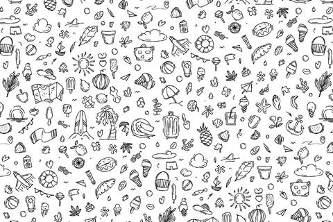 Hand drawn seamless pattern of summer vacation travel elements in doodle st.. Illustrazione stock