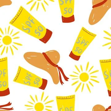Hand drawn seamless pattern sunblock tubes and sun motifs in vibrant colors Stock Illustration