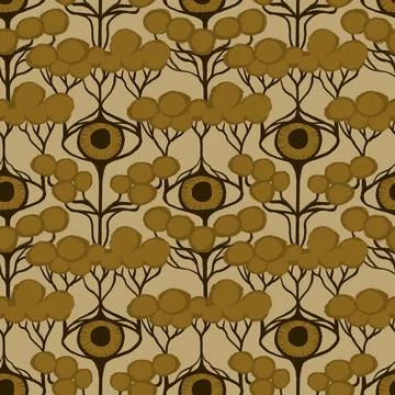 Hand drawn seamless pattern with surreal surrealism trees eyes. Art deco art Stock Illustration