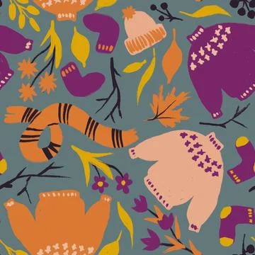 Hand drawn seamless pattern with sweater weather nature leaves fall autumn leaf 스톡 일러스트