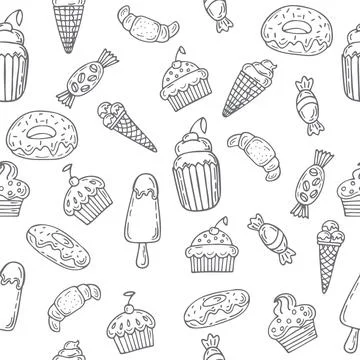 Hand drawn seamless pattern with sweets, cupcakes, bakery, cakes and desser.. Stock Illustration