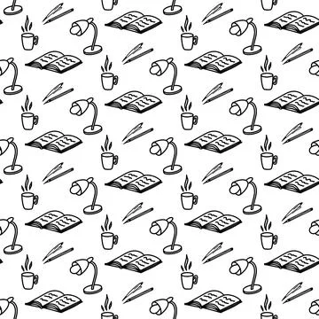 Hand drawn seamless pattern with table lamp, book, notebook, pen, pencil, cup of Stock Illustration
