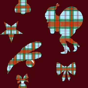 Hand drawn seamless pattern with tartan Christmas decor on dark red background Stock Illustration