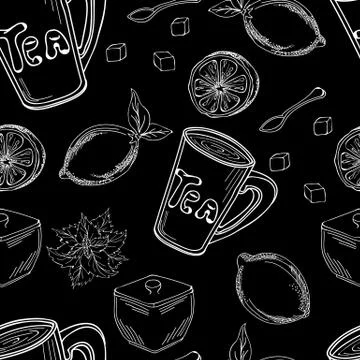 Hand drawn seamless pattern with tea, lemons and mint. Stock Illustration