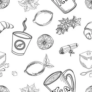Hand drawn seamless pattern with tea, coffee cinnamon, lemons and mint. Stock Illustration