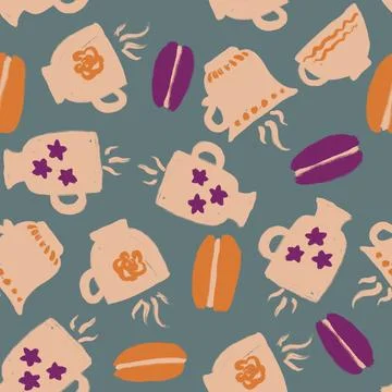 Hand drawn seamless pattern with tea coffee cup macaroons bakery pastry. Purple Illustrazione stock