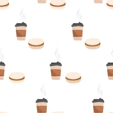 Hand drawn seamless pattern with tea coffee paper cup and macaroons. Sweet ta Stock Illustration
