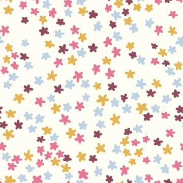 Hand drawn seamless pattern of tiny ditsy flowers. Blue yellow orange floral Stock Illustration