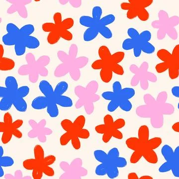 Hand drawn seamless pattern of tiny ditsy flowers. Blue yellow orange floral Ilustração Stock