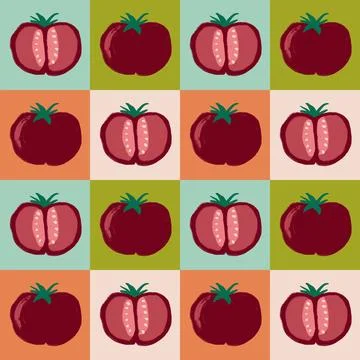 Hand drawn seamless pattern with tomatoes whole and cut in halves on checkered Stock Illustration