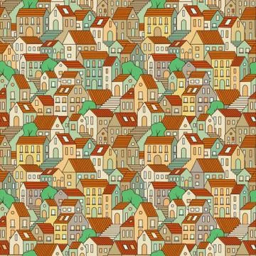 Hand drawn seamless pattern with town houses and trees. Stock Illustration