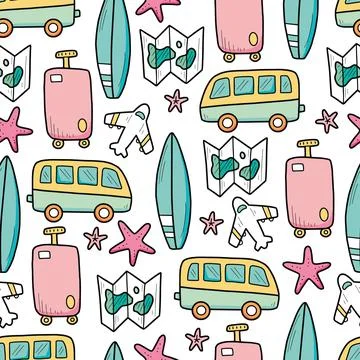 Hand drawn seamless pattern of travel Stock Illustration