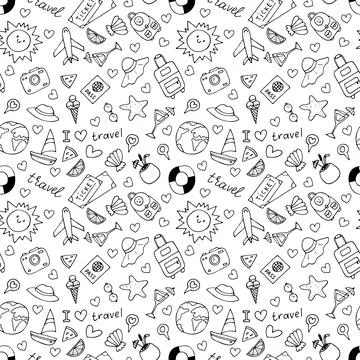 Hand drawn seamless pattern with travel icons. Summer vacation. Doodle, ske.. Stock Illustration