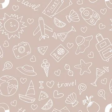 Hand drawn seamless pattern with travel icons. Summer vacation. Doodle, ske.. Stock Illustration