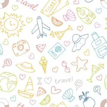 Hand drawn seamless pattern with travel icons. Summer vacation. Doodle, ske.. Stock Illustration