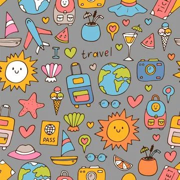 Hand drawn seamless pattern with travel icons. Summer vacation. Doodle, ske.. Stock Illustration