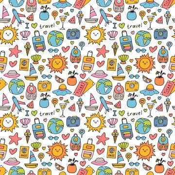 Hand drawn seamless pattern with travel icons. Summer vacation. Doodle, ske.. Stock Illustration