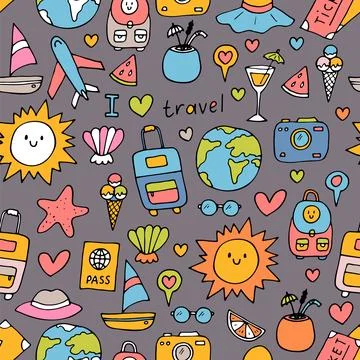Hand drawn seamless pattern with travel icons. Summer vacation. Doodle, ske.. Stock Illustration