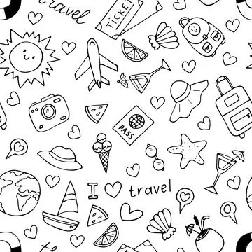 Hand drawn seamless pattern with travel icons. Summer vacation. Doodle, ske.. Stock Illustration