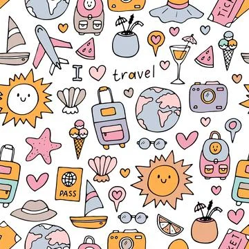 Hand drawn seamless pattern with travel icons. Summer vacation. Doodle, ske.. Stock Illustration