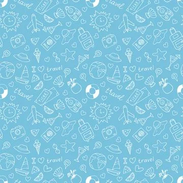 Hand drawn seamless pattern with travel icons. Summer vacation. Doodle, ske.. Stock Illustration